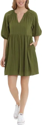 London Times V-Neck Elastic Hems Short Blouson Cotton Dress In Pesto
