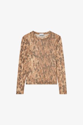 Ganni Long-sleeve Top in Printed Marl Mesh - Size 10/12 Burro