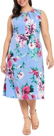 London Times Floral Print Keyhole Midi Dress in Sky/Pink at Nordstrom Rack, Size 18W
