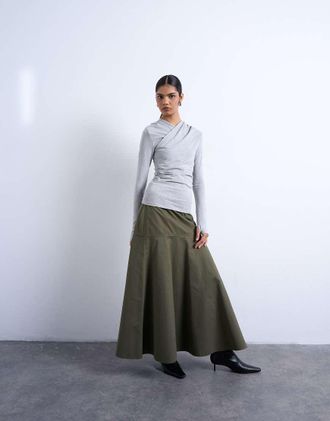 Topshop Gonna lunga a ruota con vita scesa kaki-Verde