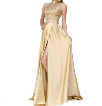 Sherri Hill Two Piece Beaded Halter High Slit Gown In Gold