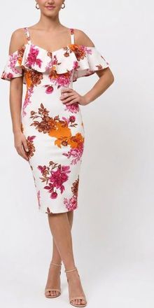 Rachel Roy Marcella Printed Off the Shoulder Ruffle Midi Dress in Pink Orange Floral at Nordstrom, Size Large