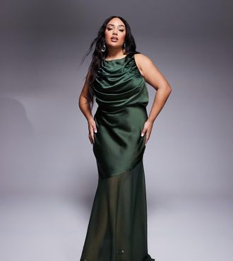Asos Curve ASOS DESIGN Curve satin chiffon mix draped bodice maxi dress in deep green