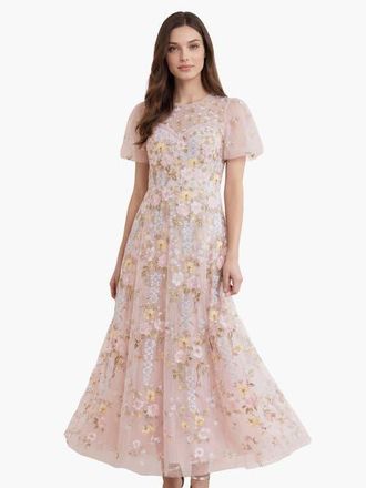 Needle & Thread Garden Rose Short Sleeve Maxi Gown in Shell/pastel Blue at Nordstrom, Size 18