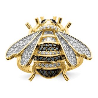 Diamond2Deal Sterling Silver Blk/White RH-plated Gold Tone Cubic Zirconia Bumblebee Ring