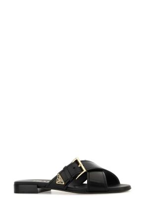 Prada Womens Black Leather Slippers Nero Flat Shoes