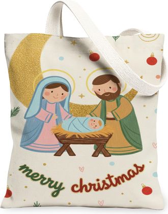 Generic Christmas Nativity Scene Canvas Tote Bags, Fanciful Holiday Design Reusable Grocery Bags, Lightweight Washable Shoulder Str, Cream, 13x15 Inch