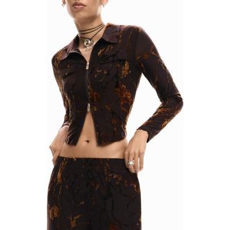 Desigual Zip Front Long Sleeve Shirt in Brown at Nordstrom, Size X-Large