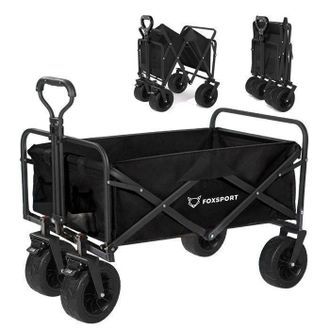 OEM Foxsport Carro Plegable De Mano - Carro De Jard&iacute;n - Grandes Ruedas - Mango Ajustable - Carga 100 Kg (90x47x57 Cm) - Negro