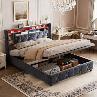 OEM Estructura De Cama Con Arc&oacute;n 160x200 Cm Terciopelo Gris - Led 7 Colores, Usb/type-c, Hidr&aacute;ulica, Almacenamiento