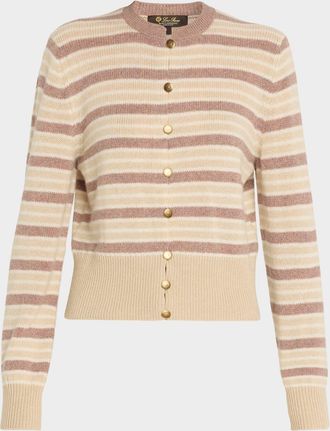 Loro Piana Fobello Striped Cashmere Crewneck Cardigan