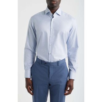 Eterna Modern Fit Check Non-Iron Cotton Twill Dress Shirt in Sky at Nordstrom, Size 15.5 - L