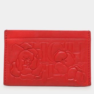Carolina Herrera Red Monogram Embossed Leather Card Holder