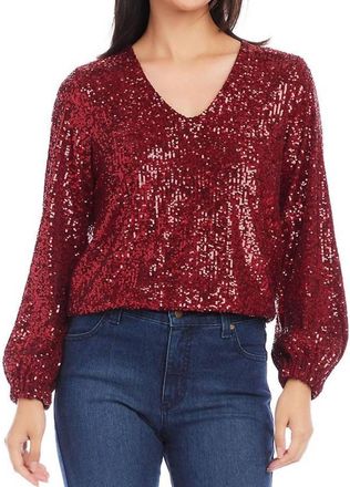Karen Kane Blouson Sleeve Sequin V-Neck Top In Ruby