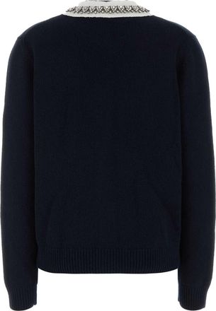 Prada Crystal-Collar Wool Blend Cardigan - Navy
