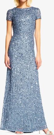 Adrianna Papell Crew High-Neck Floor-Length Sequin Prom Sheath Dress In Nile