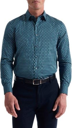 Bugatchi Julian Shaped Fit Geo Print Button-Up Shirt in Teal at Nordstrom, Size Xxx-Large