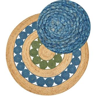 Beliani Tappeto rustico boh&eacute;mien rotondo 140 cm in iuta naturale intrecciata a mano blu e verde Hovit