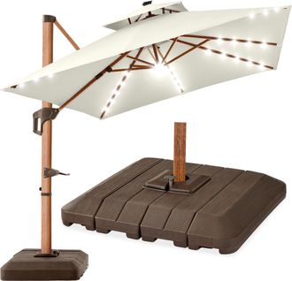 Best Choice Products 10ft Square Woodgrain Pattern 2-Tier Outdoor Solar LED Cantilever Umbrella w/ Base
