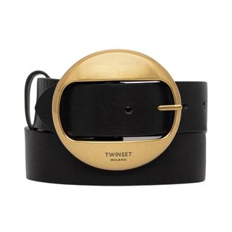 Twinset Accessoires, Dames, Zwart, XS, Leer, Leren Riem met Ronde Gesp
