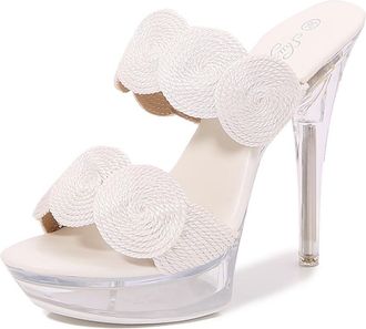 Generic White,6.5 UK,Womens Clear Crystal Heels Sandals Peep Open Toe High Platform Stiletto Heel Mules Two Strap Slingback Slip-on Slippers Dress Shoes
