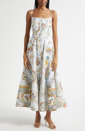Camilla Seville Sweetheart Corset Linen & Silk Twill Fit & Flare Dress at Nordstrom, Size Medium