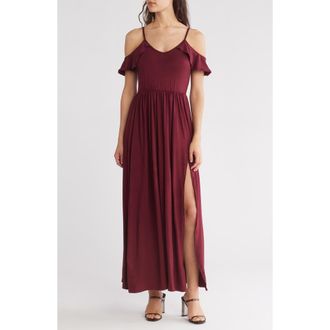 Go Couture Ruffle Cold Shoulder Maxi Dress in Burgundy at Nordstrom Rack, Size Small