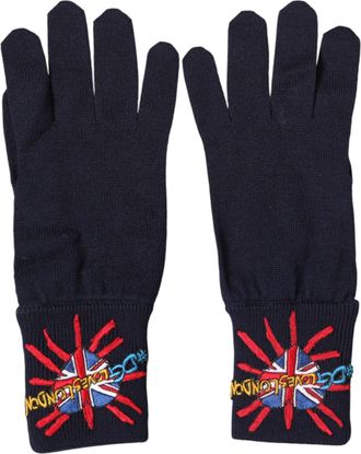 Dolce & Gabbana Mens Blue Wool Knit dgloveslondon Embroidered Mitten Gloves Virgin