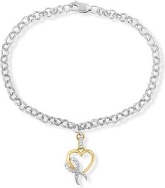 House of Brilliance 10K Yellow Gold 1/10 Cttw Diamond Ribbon & Heart Charm on Silver Rolo Bracelet at Nordstrom