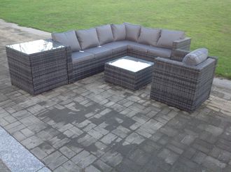 Fimous Rattan Corner Sofa Set Garden Furniture With Chair Coffee Table & Side Table in Dark Grey