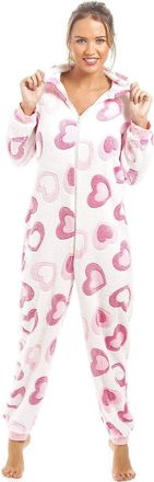 Camille Womens Super Soft Fleece Onesie- Hooded Heart Print All in One - Long Sleeved Pink Heart Print 10-12