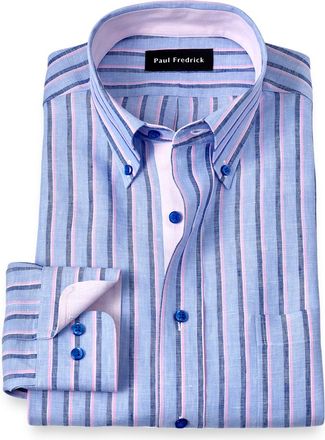 Paul Fredrick Slim Fit Non-iron Cotton Stripe Dress Shirt With Contrast Trim