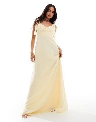Six Stories Vestito lungo da damigella giallo limone in chiffon con fiocchi sulle spalle