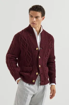 Brunello Cucinelli Cashmere Feather yarn cable knit cardigan with metal buttons in Burgundy at Nordstrom, Size 52