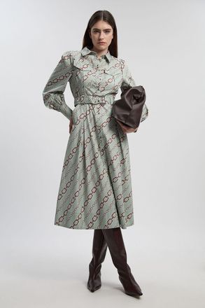 Karen Millen Womens Chain Print Cotton Sateen Belt Detail Woven Shirt Dress - Multicolour - Size 10 UK