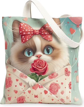 Generic Valentines Day Ragdoll Cat Canvas Tote Bag for Shopping 13x15, Love Letter Animal Lover Reusable Grocery Print Pattern Bag for Women, Holiday Beach Ae