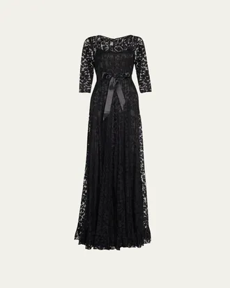 Teri Jon 3/4-Sleeve Lace Overlay Gown