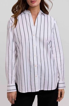 Foxcroft Dot Stripe Boyfriend Button-Up Shirt in White/black at Nordstrom, Size X-Large