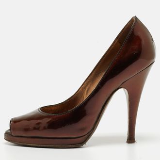 Roberto Cavalli Metallic Gold Patent Leather Peep Toe Pumps