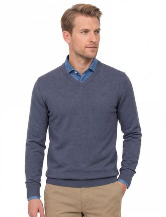 Casamoda Casa Moda trui v-hals donkerblauw katoen wijde fit