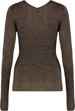 Miu Miu Womens Round-Neck Lam&eacute; Sweater Tobacco Viscose Tops Top