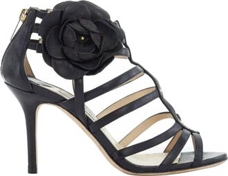 Jimmy Choo London black leather flower brooch caged strappy heel sandals EU35.5 US5.5