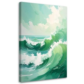 Feeby Cuadro Sobre Lienzo, Mar Y Olas Paisaje Moderno En Tonos Pastel Verdes, 80x120