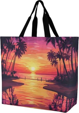 Generic Palms Trees Sunset Reusable Shopping Bags One Shoulder Grocery Tote Bag Waterproof Big Purse for Work Travel