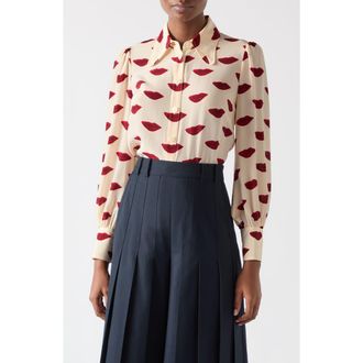 L.k. Bennett Sonya Lips Print Silk Button-Up Shirt in Red Lip at Nordstrom Rack, Size 4 Us / 8 Uk