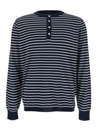 After Pray Blue Crewneck T-Shirt With All-Over Striped Motif In Cotton Man
