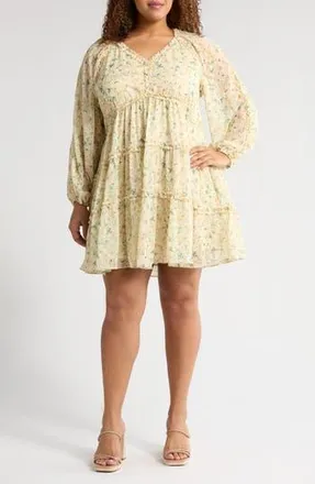 Chelsea28 Floral Print Ruffle Long Sleeve Chiffon Dress in Yellow Floral at Nordstrom Rack, Size 2X