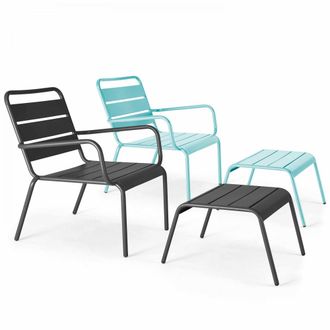 Oviala Lote de 2 sillones reclinables con reposapi&eacute;s de metal gris y turquesa