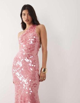 Asos Vestito lungo monospalla in raso rosa