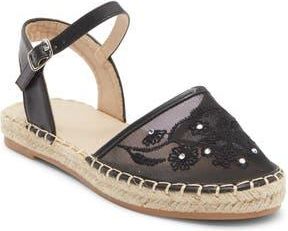 Top Moda Chrom Floral Embroidered Ankle Strap Flat in Black Pu at Nordstrom Rack, Size 5.5